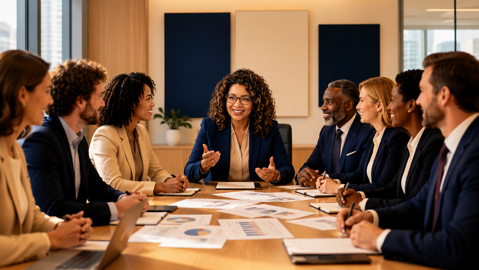 Diverse executive leaders engaged in a strategy discussion